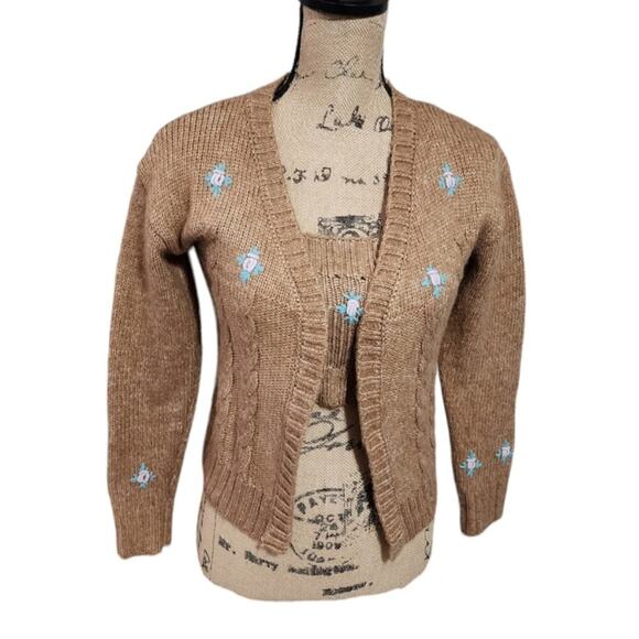 Joie 2 pc Tan and Pink Floral Crocheted Track and Sweater Size Small - Picture 1 of 8